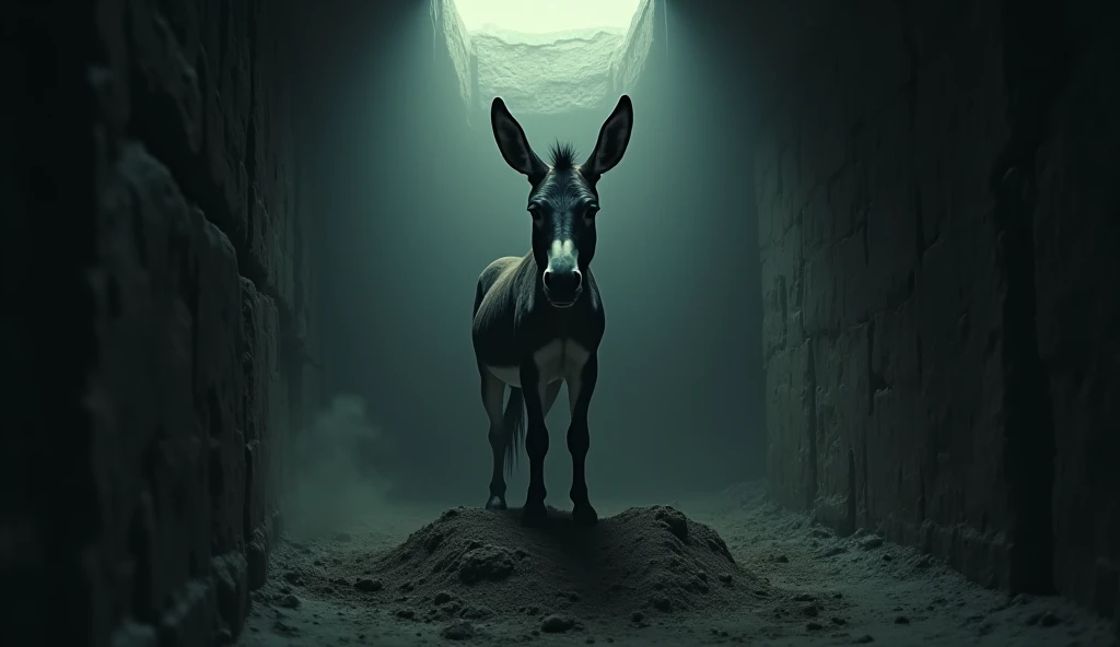 a donkey in a deep narrow well where a little bit dark there. a donkey is standing frozen on top of a pile of soil and feeling upset