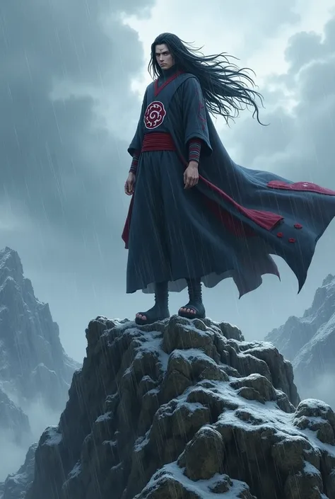 Uchiha Madara on top of a mountain with rain 