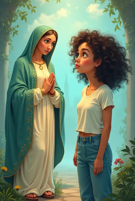 Create the cartoon character Ana, White woman green eyes curly hair, white t-shirt blue pants, Talking with Our Lady of Aparecida in a dream