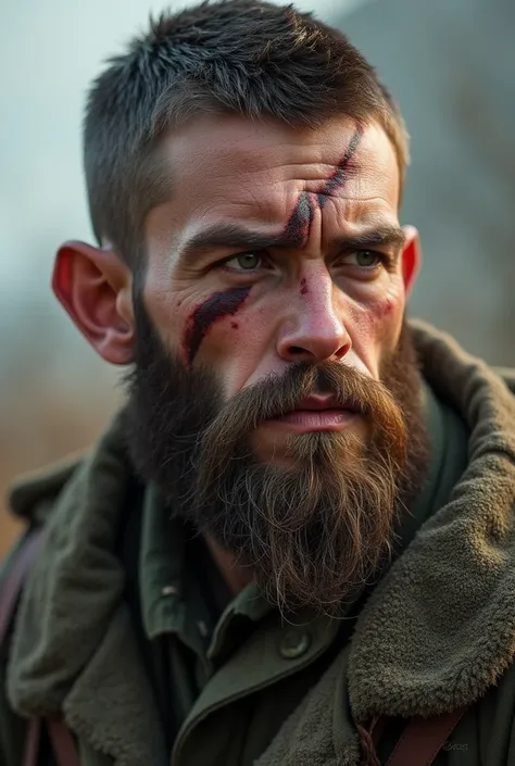 A young soldier with short brown hair and a long full beard. He has a few scars on his body and a scar on his face. It is wiry.