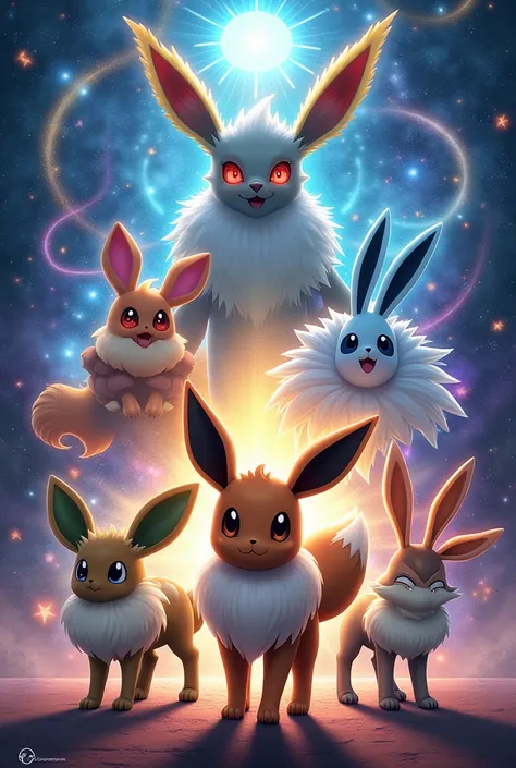 Create a cover where in the middle is an eevee and on the right and left are his eeveelotion and above all this arceus the god of Pokemo and below the Eevee are a riolu and a volpix from Alola 