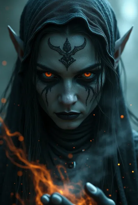 Face of a Witch from the Elves Race, She is black and has her menacing magic 