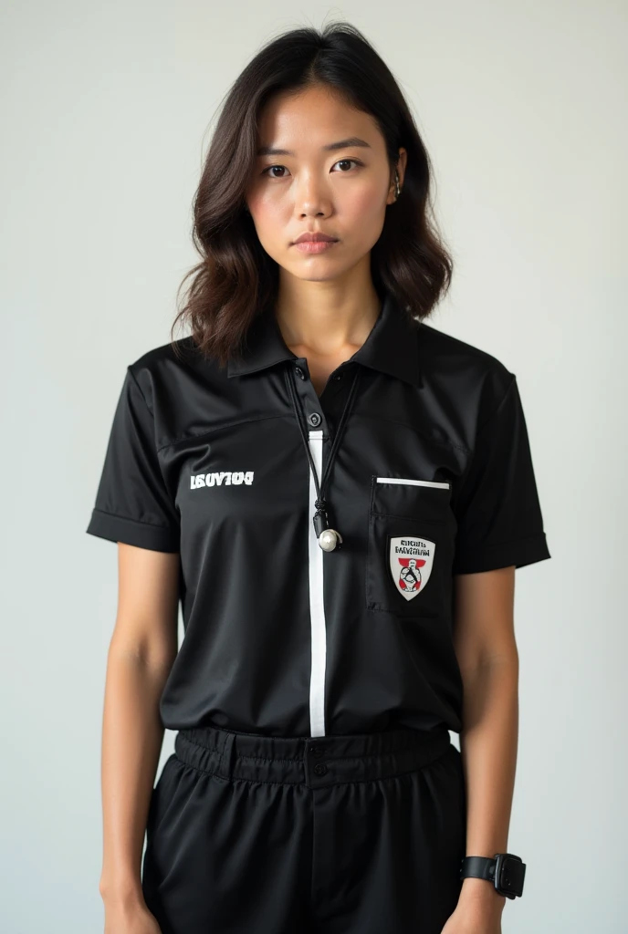 Front view of brunette in black soccer referee outfit