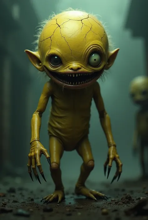 A nightmarish, hyper-realistic version of the character in the image. Its once smooth yellow skin is now rough, cracked, and stretched unnaturally over its distorted frame. Its large, round eyes glow faintly, but they appear lifeless and deeply unsettling,...