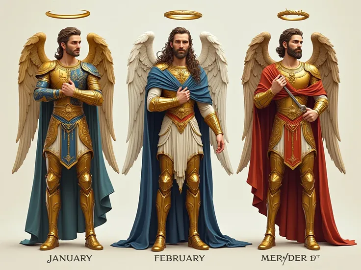 Make 3 male guardian angels , Men,  with clothes based on those of the knights of the zodiac, each representing a sign and month of January, February 1st and March 1st, each one with different lines and colors