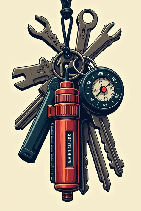 Make a logo illustration. Logo name (Tee’s Keys) Something about safety/junk key chains. Please use (Key bunches a tactical survival keychain loaded with essential tools!, Featuring a compass, safety alarm, self-defense tools, and pepper spray,)