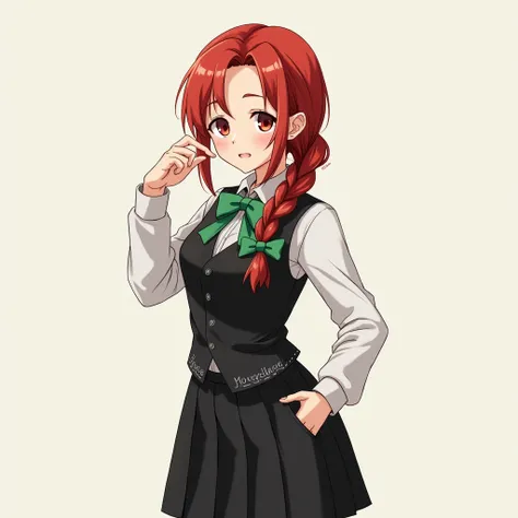  medium-length red hair tied together in a braid, with a green bow ,And black vest ,  long sleeve white shirt ,  with a green tie and write yourself ,  black skirt and black knee stockings ,  with slight heel shoes  ( Meister Werk highly ditalized )