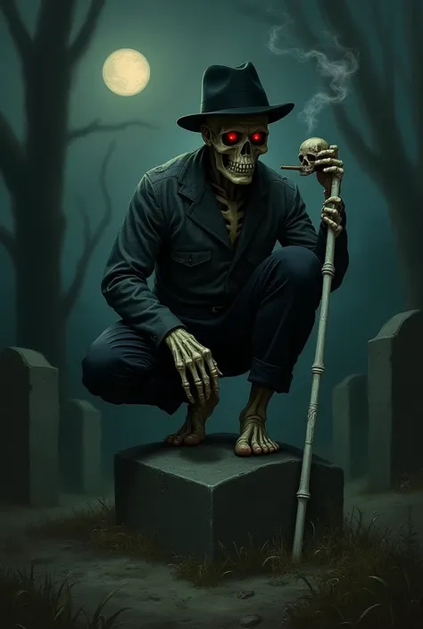 Impressionist picture-style image of a male spiritual entity looking like a skeleton man, red eyes, shirtless black fedora hat and black dress pants tucked up to the knee barefoot, leaning on a white cane made of bones with a small skull skull at the tip a...