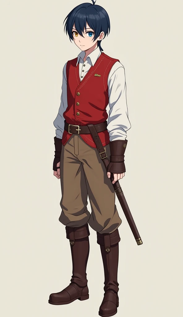  ADULT human messenger of a height of 1.7 M. White-skinned, adult and thin, short dark blue hair brushed backwards .  He wears a white long-sleeved shirt , red vest closed by buttons, The vest is fastened by a belt,  brown pants , and brown boots.  his rig...