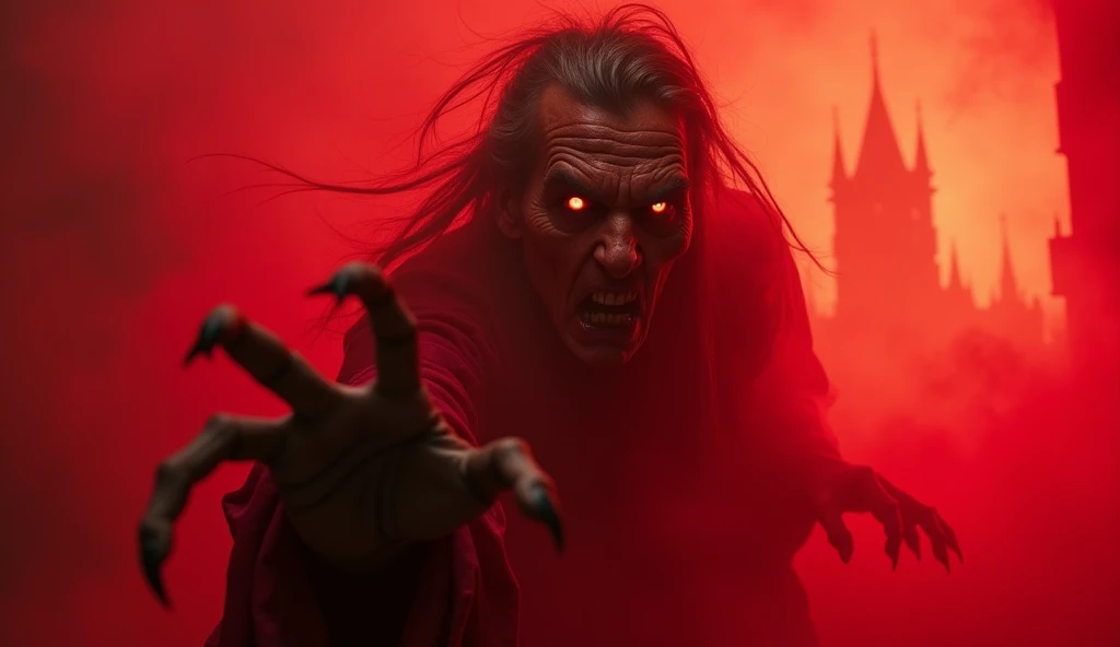 A sinister witch with glowing red eyes and aged, wrinkled features looms forward, her clawed hand extending menacingly through thick red fog. Her motion is natural and realistic, with her hand shifting slightly as if conjuring a dark and ominous spell. The...