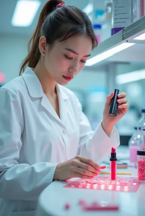 Generate a woman creating lipstick,with lab coat from the area of aesthetic biomedicine 