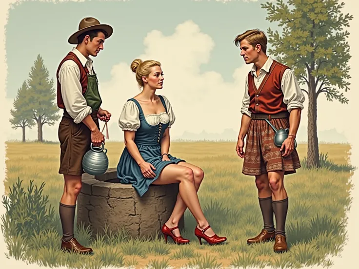 Draw a Hungarian blonde woman hair in bun, big breast,  in the 1930s wearing typical Bavarian very short costume sitting on a well in a sensual EROTIC pose with water jugs on the field with trees and a talking with A TALL young adult male in folk clothes w...