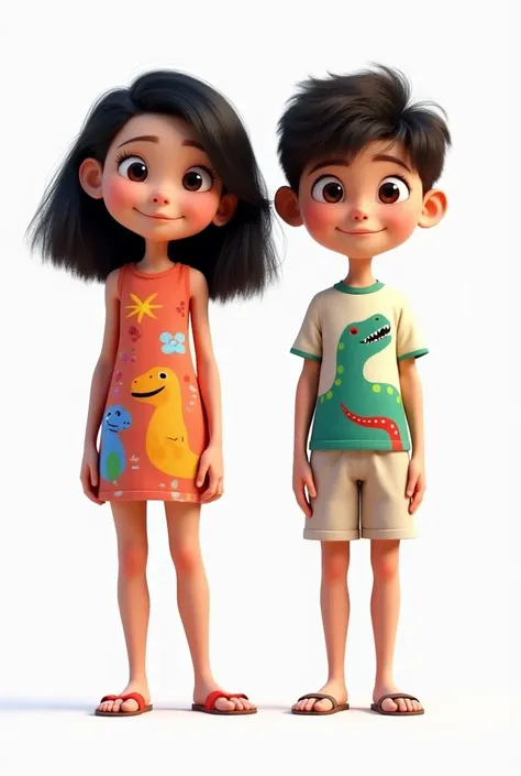 a beautiful girl of about  in 3D, pixar style, this girl is white and has medium-sized hair, straight and curly at the ends, her hair color is black. She wears a very cheerful dress with vibrant colors. The girl is in a frontal pose looking forward, standi...