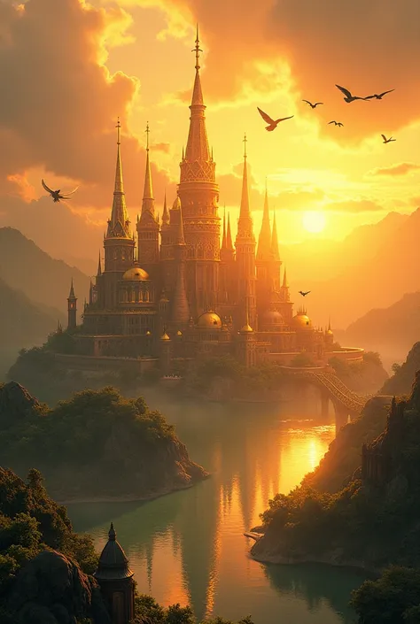 golden city at dawn, fantasy, high quality , birds in the sky