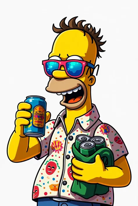 Homer Simpson celebrating carnival with great enthusiasm, surrounded by a festive atmosphere and full of vibrant colors. Wear a carnival shirt made of light fabric, filled with eye-catching prints such as brightly colored streamers, multicolored confetti, ...