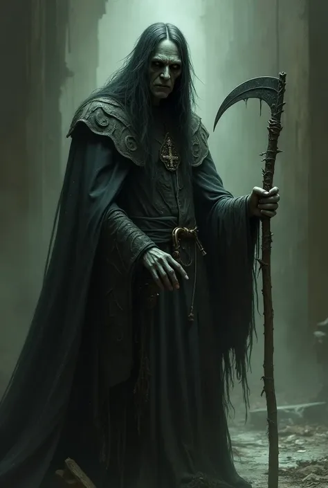 A specter with characteristics of a Catholic Pope, with a sickle and a catholic robe,  long hair, Skinny with a sinister appearance, of the Victorian era