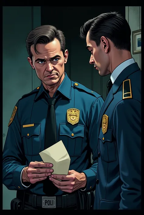 Close-up of Officer Wilson keeping the note in his pocket*: A tense moment in which Wilson , with an anxious expression, Quickly hide the note while Steve observes suspiciously. in the Webtoon format