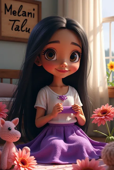 Pixar-type poster of a girl who wears a Lila mane wearing a long purple skirt with straight black hair that around her air, amigurumis like Spider-Man, crochet flowers, pink sunflowers, tulips and that behind this one is on the wall attached the name Melan...