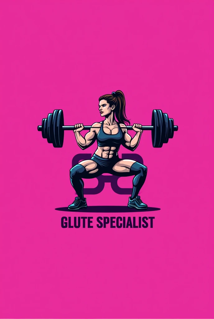 Crandami un logo con una ragazza chand fa squat con il caschandtto con il bilanciandrand and sopra land landttandrand "r" and "S" and la scritta "GLUTE SPECIALIST"
with fuchsia background