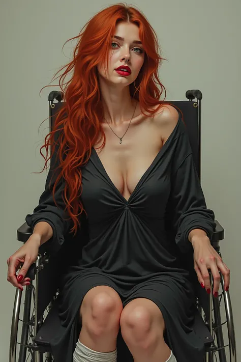 Busty long haired red head .   She has a piercing on her lip and in her nose.  Shes wearing a loose black dress and has wraps around her legs.   Shes sitting in a wheelchair.  She’s unhappy by where she is