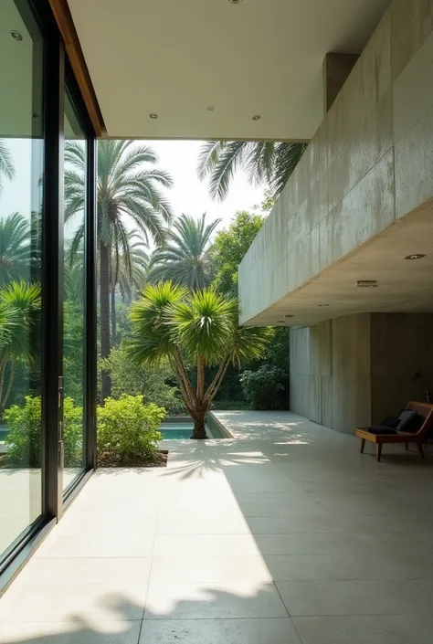  Minimalist interior with large glass walls that overlook lush tropical vegetation .  The environment is austere and linear ,  characterized by a minimal design and clean spaces .  Natural light floods the room ,  creating reflections on glass surfaces and...