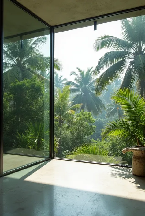  Minimalist interior with large glass walls that overlook lush tropical vegetation .  The environment is austere and linear ,  characterized by a minimal design and clean spaces .  Natural light floods the room ,  creating reflections on glass surfaces and...