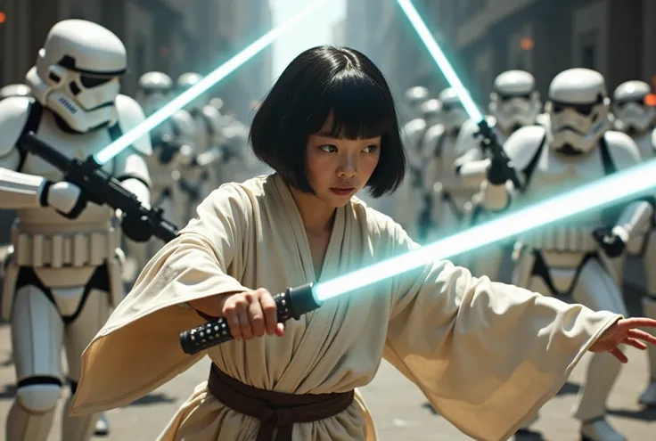 Fille japonaise, cheveux courts, cheveux noirs, cheveux lisses, jedi, sabre laser blanc, jedi versus Troopers