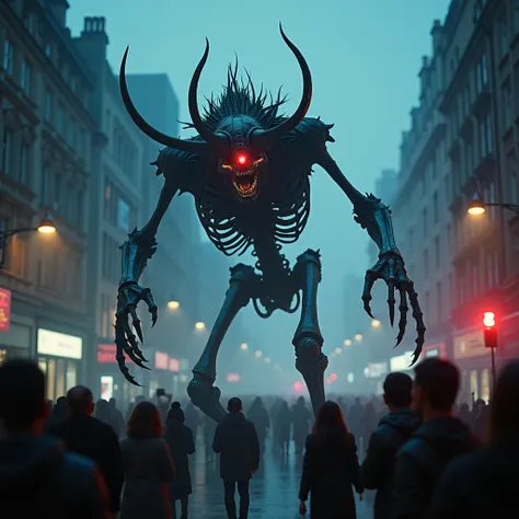  A horrifying, otherworldly beast stalking the streets of London at midnight, its grotesque, skeletal body covered in pulsating, bioluminescent veins. Towering at 10 feet tall, it has elongated, clawed limbs, twisted horns, and soulless, glowing red eyes. ...