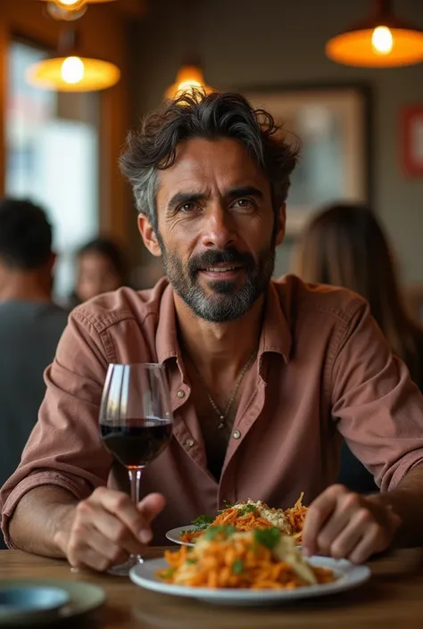 there is a man sitting at a table with a glass of wine, a picture by david rubín, pexels, hyperrealism,  berber boy, young spanish man, getting his tacos and drink), around 1 , young greek man, ismail, mohamed chahin, taken in the early 2020s