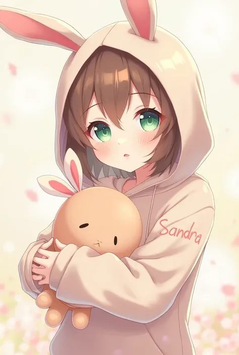 Anime girl with brown hair, green eyes,  wearing a hoodie with bunny ears, on the hoodie is written „sandra“ , holding a stuffed toy, soft pastel colors –ar 3:4 –v 6.1