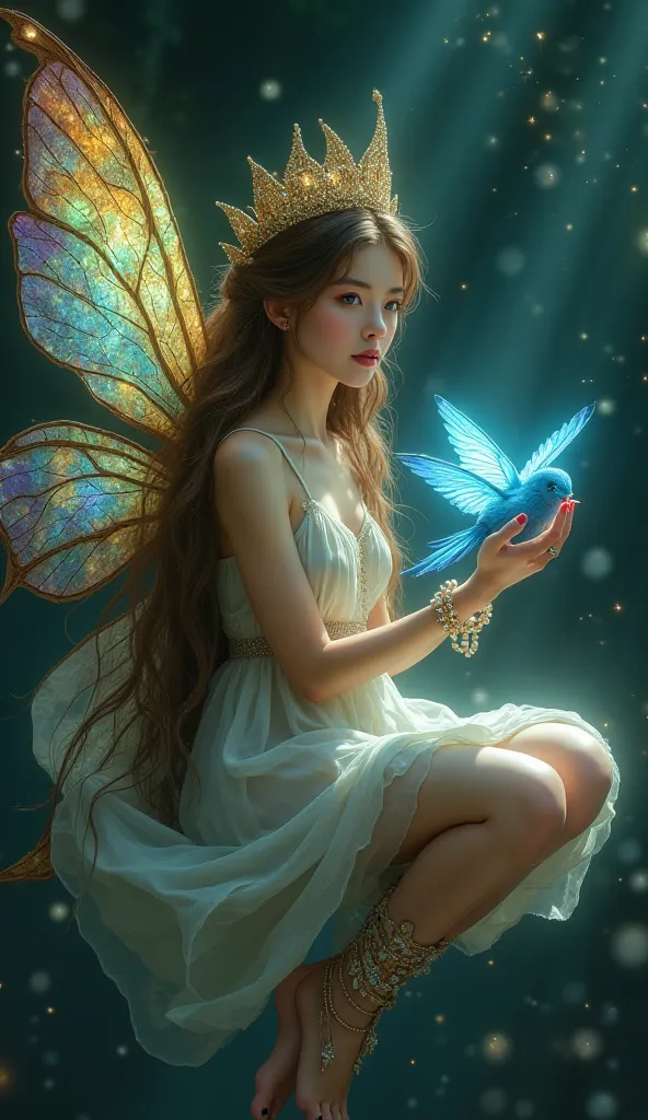 A surreal fantasy art piece in a high-definition, photorealistic style. The central figure is a delicate, ethereal fairy with long, flowing brown hair cascading down her back, each strand shimmering as if touched by moonlight. Her large, luminous blue eyes...