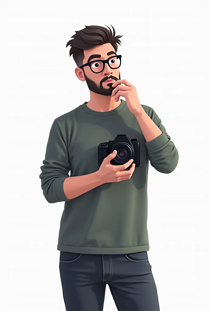 Generate me a person standing in 2D skin color, short black hair, With a beard and with glasses ,  with a camera in his hand. with a white background