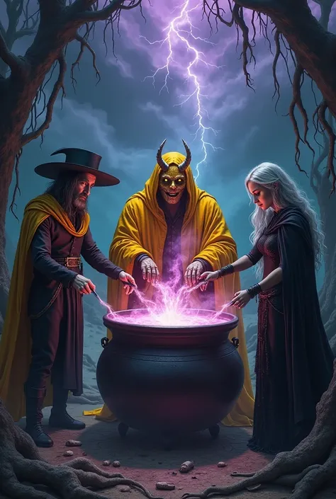 Draw realistic style :  Three dark figures surround an immense cauldron , where a  **medieval fantasy world** Bubble , with castles,  mystical forests and miniature battles .  

- **The Yellow King** wear a ** ragged golden cloak **,  your mask hides a fac...