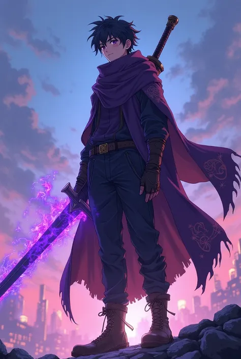 Make a tall character 1 , 85 tall hair arm purple eyes a garment like a blanket that is from the others to the feet purple with black and with one arm with a power like blue fire and on the other arm the red power also make a big sword on the back in size ...