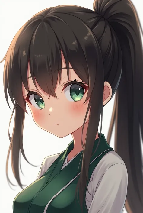 Her hair on both sides, ponytail on both sides, long hair black, the hairstyle she wears brown, whether the girl is brave, whether she is brave, whether she has innocent eyes, gray and closed green, a mix of brave and sexy looking bi anime girl