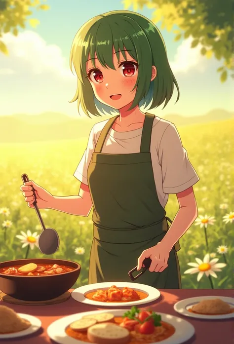 (ultra detailed, 8K, ultra highres:1.2)
(masterpiece, best quality, extremely detailed, 8k, anime, cinematic photo:1.2)
BREAK
1girl, kazami yuuka, red eyes, short green hair, casual camping outfit, apron, ladle in hand, serving curry, camping table, flower...