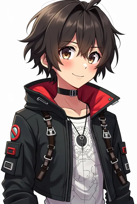  A boy with blue-brown eyes and dark brown hair .  The outfit was mainly black and white ,  which creates a strong contrast and underlines the futuristic aesthetic .  Red and silver accents add additional highlights .  The jacket was a central element of t...