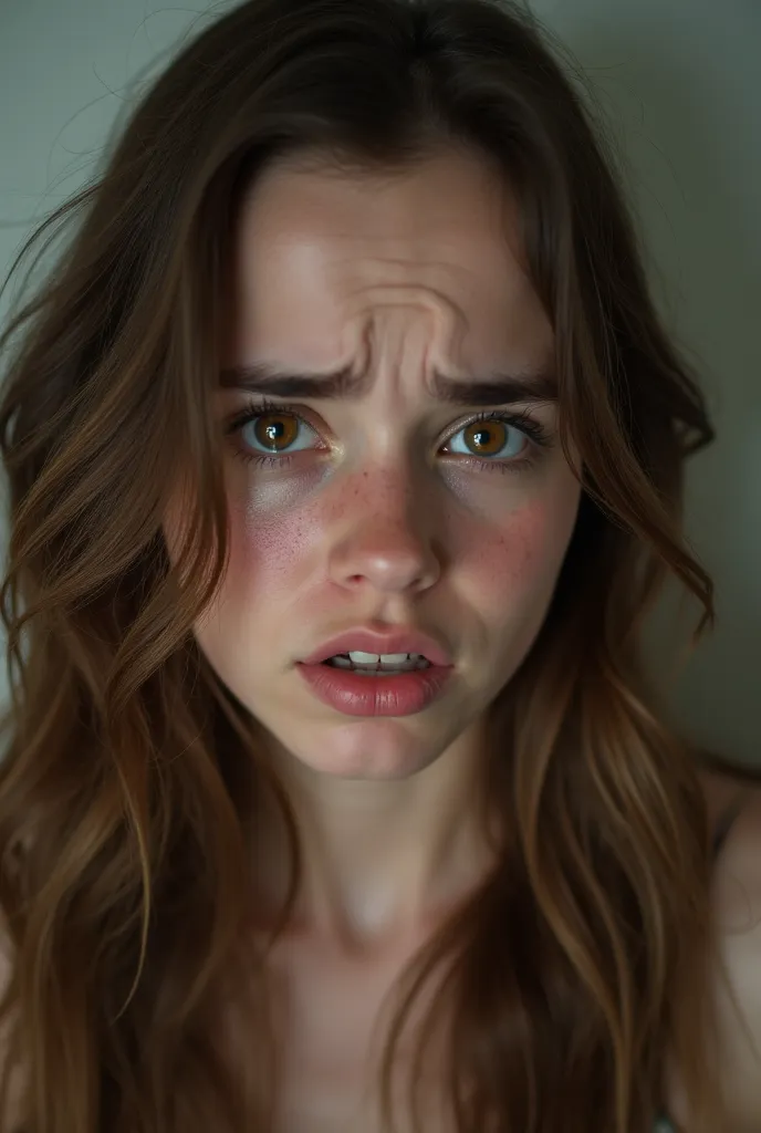 The horrified embarrassed worried face of my 18yo English sister who looks similar to Emma Watson, brown eyes, long brunette hair, she has accidently defecated in her underwear