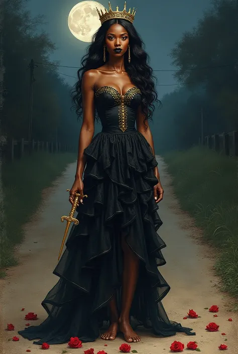 Realistic watercolor painting style image of a feminine spiritual entity, the appearance of a 40-year-old mature African woman, long wavy black hair with a medieval gold crown on her head, dark mulatto skin, black lipstick, mysterious look, seductive, eleg...