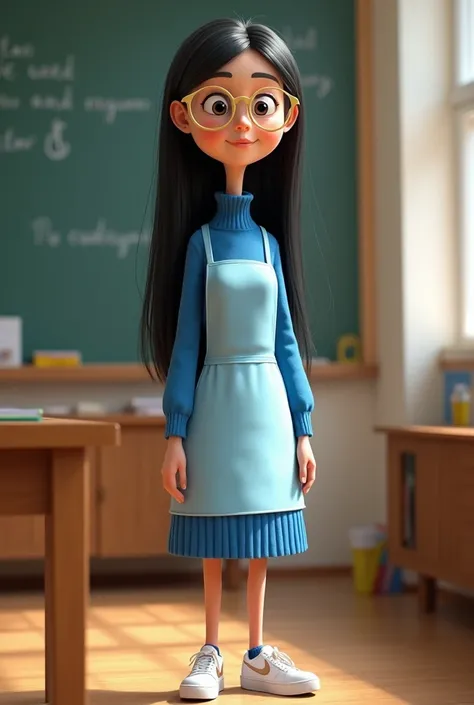 Pixar-type poster tall teacher with long straight , Lace and black the half stripe with black eyes and beige lenses with blue sweater and light blue princess apron white Nike sneakers 