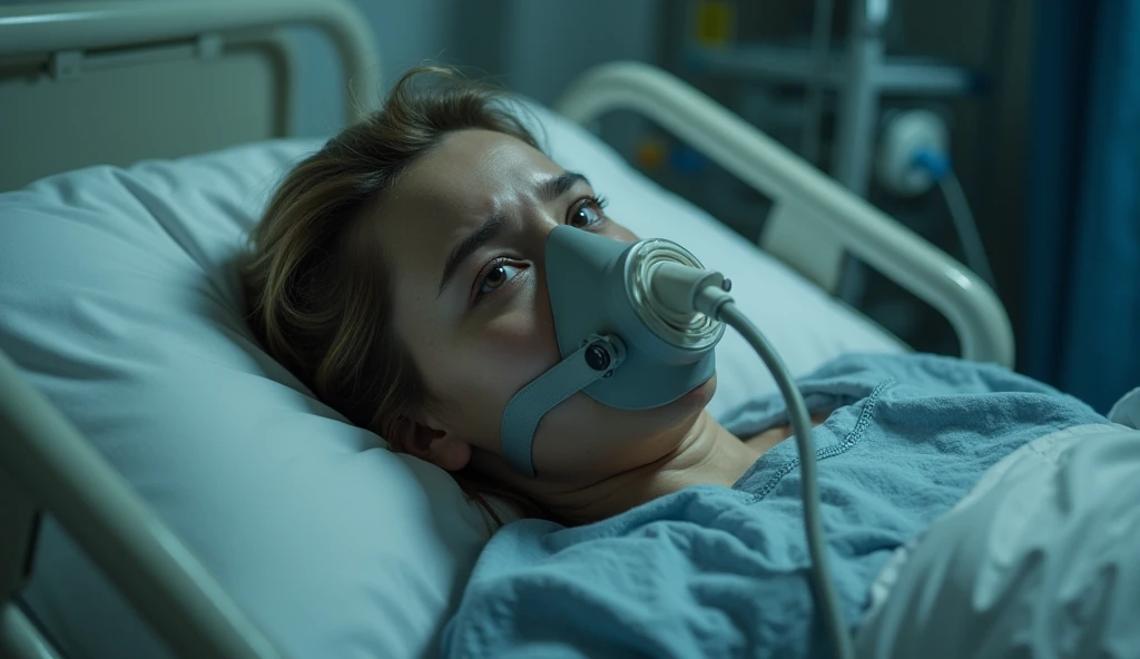 A female patient on a diagnosed condition on a sick bed looking side ways at the camera lying down helplessly  Putting on an oxygen mask on 