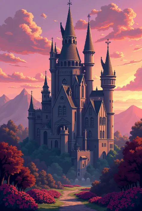 I visualize a pixelated art of a tall, Gothic-style castle, with square towers crowned by roof ridges, and some aerial towers that are structured by means of flying arms that are born in the main towers, with , tall windows , surrounded by walls,  in a woo...