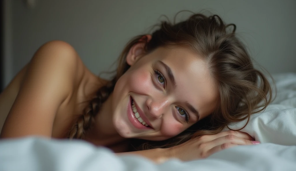 Amateur ultra-realistic photo of a innocent norwegian , she is a real 15 y old, (skinny body), skinny legs. brunette hair in braids, she is naked. she is lying on a bed and laughing