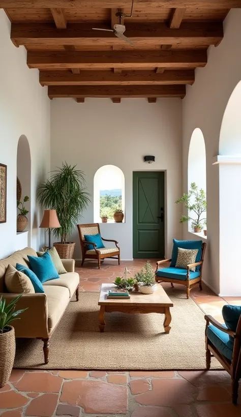 “Interior design of a Mediterranean-style living room with white stucco walls, wooden ceiling beams, terracotta floor tiles, arched doorways, cozy furniture in earthy tones, and vibrant blue and green accents, complemented by natural light and rustic decor...