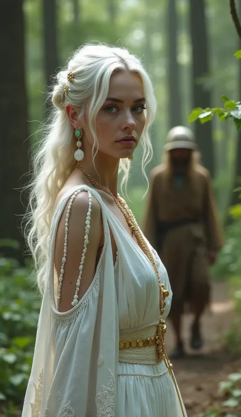 Ultra realistic 8k in nature ,  in the foreground a beautiful gypsy woman with wavy white hair,  blue eyes, using gold shell accessories,  wearing white clothes, walking in the forest, In the background right behind her ,   A caboclo from the woods 