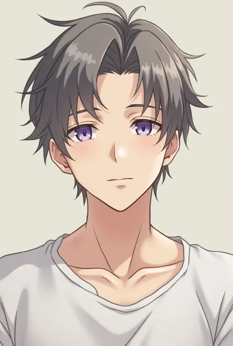 Anime guy around 20 years old, with grayish brown hair, calm squinted purple eyes, a comfortably white wide neckline shirt and pale skin. Serene and content. Broad shoulders long handsome face.