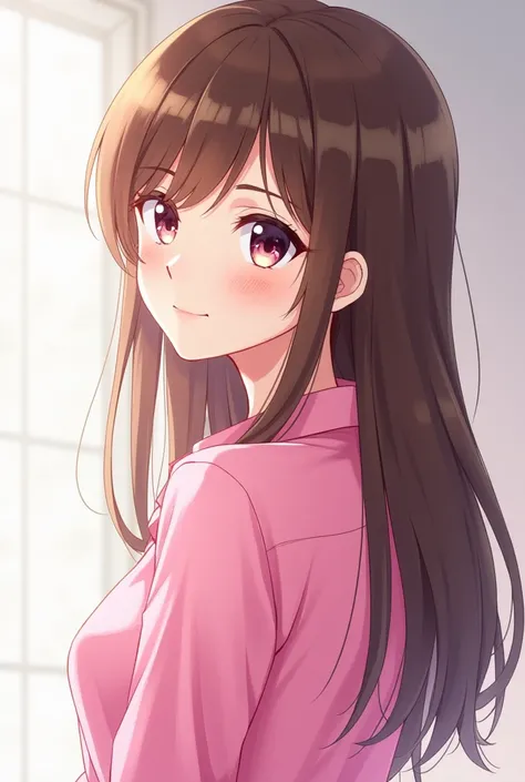 Anime girl with brown straight long hair with pink shirt, side profile, full body