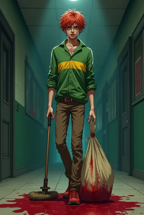 I want a male teenager in anime style he is very tall and very thin in his mouth he has a burning cigarette he is wearing a shirt made of faded wool in the color green and lemon with a faded yellow stripe horizontally his hair is curly red he has very anem...