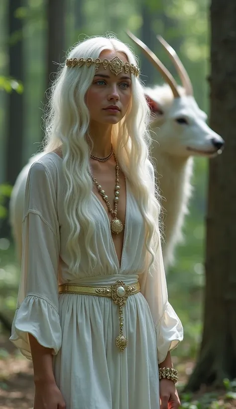 Ultra realistic 8k in nature ,  in the foreground a beautiful gypsy woman with wavy white hair,  blue eyes, using gold shell accessories,  wearing white clothes, walking in the forest, In the background right behind her ,  a deusa hecate