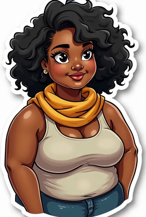 a sticker / cartoon of a brown skin mid-age woman with black curly hair. she is fat, she has a little body fat on the neck and she is a cooker. remember she is fat. she probably has a scarf on her had. her face is more like a indigenous, but little traits